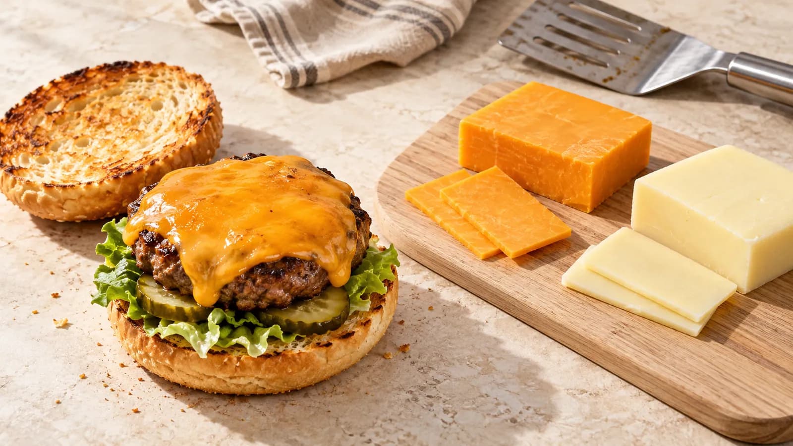 Erimiş peynirli el yapımı dana burger ve yanında baharatlı patates kızartması
