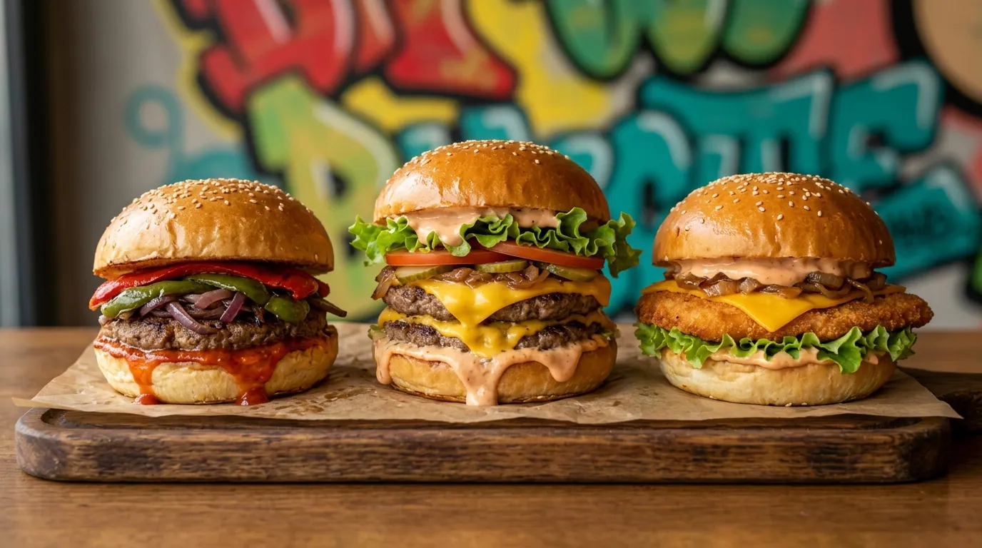 Tahta servis tabağında taze el yapımı hamburger, baharatlı patates kızartması ve soğan halkası