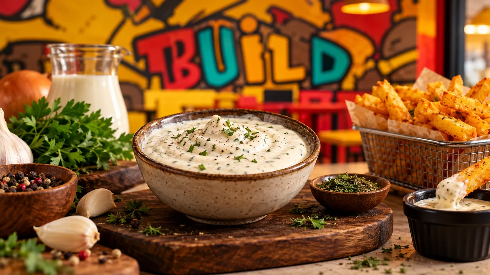 Ahşap tepside çıtır tavuk burger, baharatlı patates kızartması ve kasede kremamsı Ranch sos